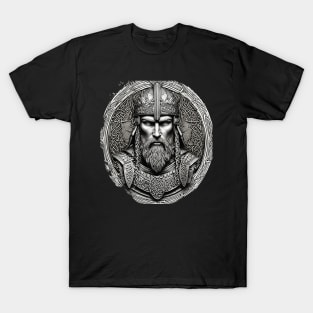 Noble Viking King Warrior with Ornate Celtic Knot Armor in black and grey T-Shirt